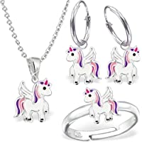 Los mejores  - gh1 a Unicornio Juego Ring + Colgante + Collar + Pendientes de aro 925 plata caballo